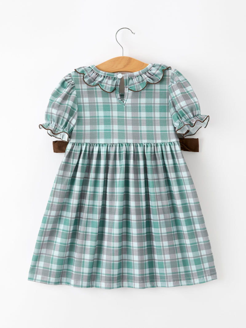 Plaid Moose Smocked Girls Puff Sleeve Dress - 2