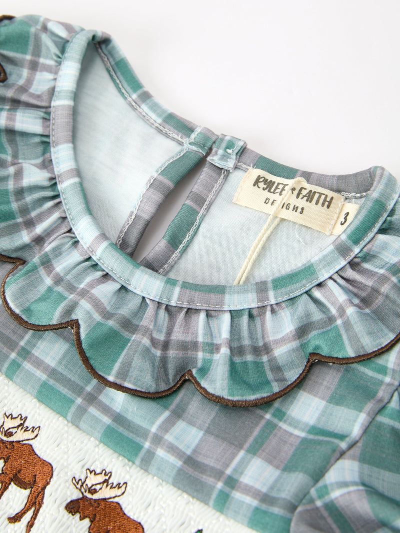 Plaid Moose Smocked Girls Puff Sleeve Dress - 3