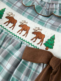 Plaid Moose Smocked Girls Puff Sleeve Dress - 4