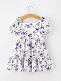 Fall Lavender Floral Puff Sleeve Girls Dress - 2