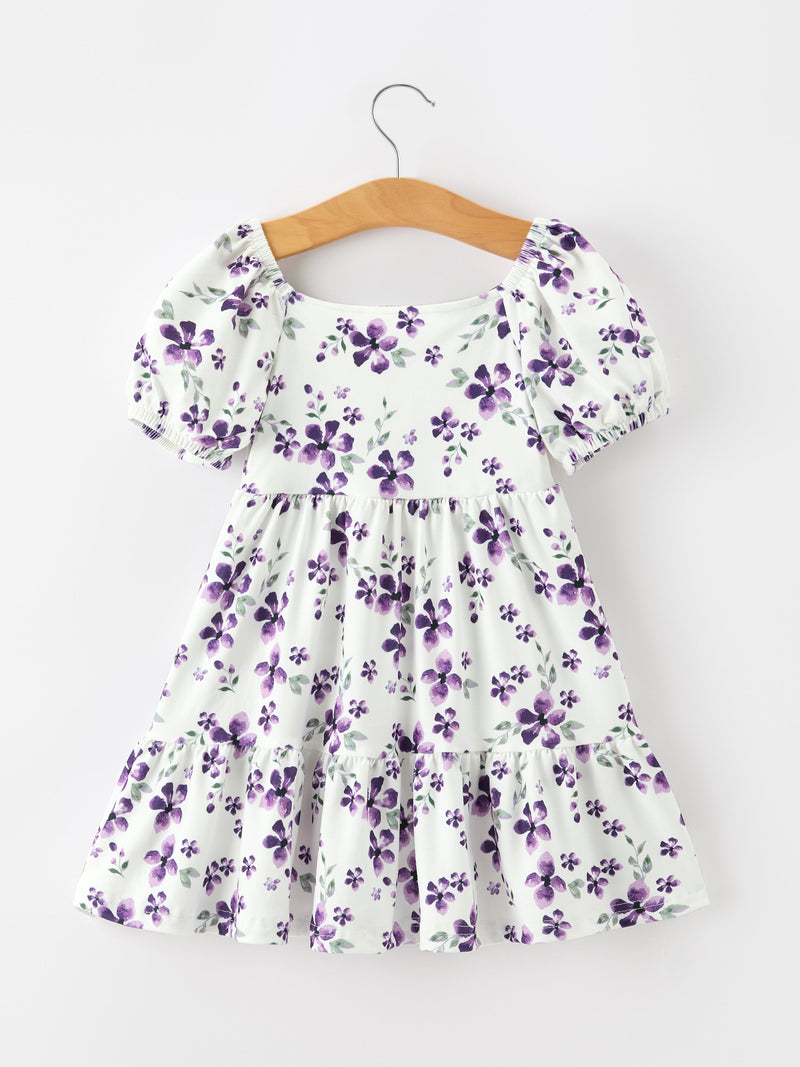 Fall Lavender Floral Puff Sleeve Girls Dress - 2