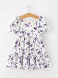 Fall Lavender Floral Puff Sleeve Girls Dress - 1