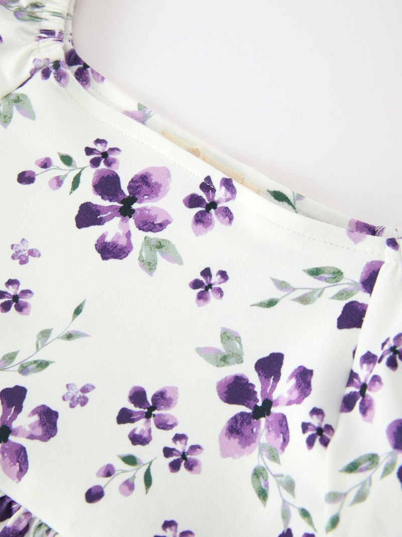 Fall Lavender Floral Puff Sleeve Girls Dress - 3