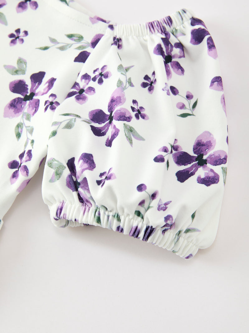 Fall Lavender Floral Puff Sleeve Girls Dress - 4