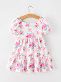 Fall Pink Floral Puff Sleeve Girls Dress - 2