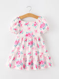 Fall Pink Floral Puff Sleeve Girls Dress - 1