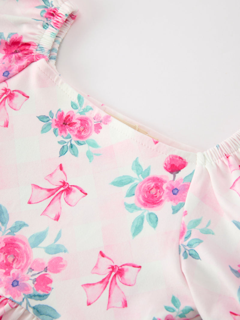 Fall Pink Floral Puff Sleeve Girls Dress - 3