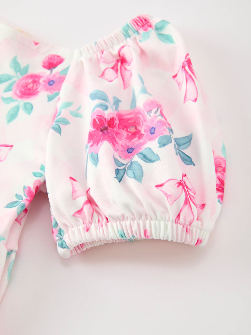 Fall Pink Floral Puff Sleeve Girls Dress - 4