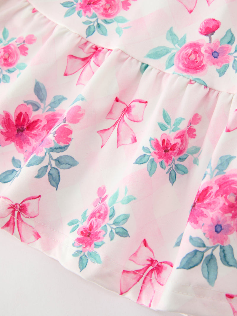 Fall Pink Floral Puff Sleeve Girls Dress - 5