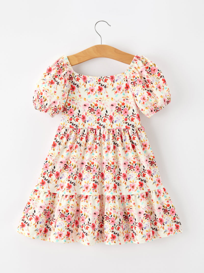 Fall Vintage Floral Puff Sleeve Girls Dress - 2