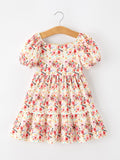 Fall Vintage Floral Puff Sleeve Girls Dress - 1