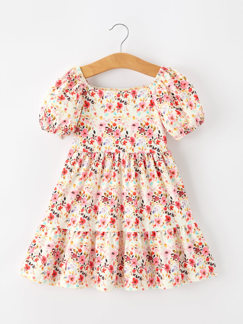 Fall Vintage Floral Puff Sleeve Girls Dress - 1