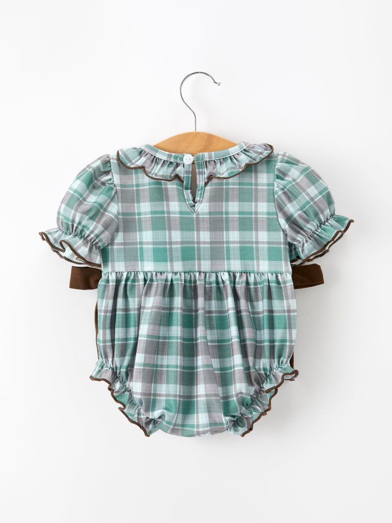 Plaid Moose Smocked Baby Girl Bubble Romper - 2