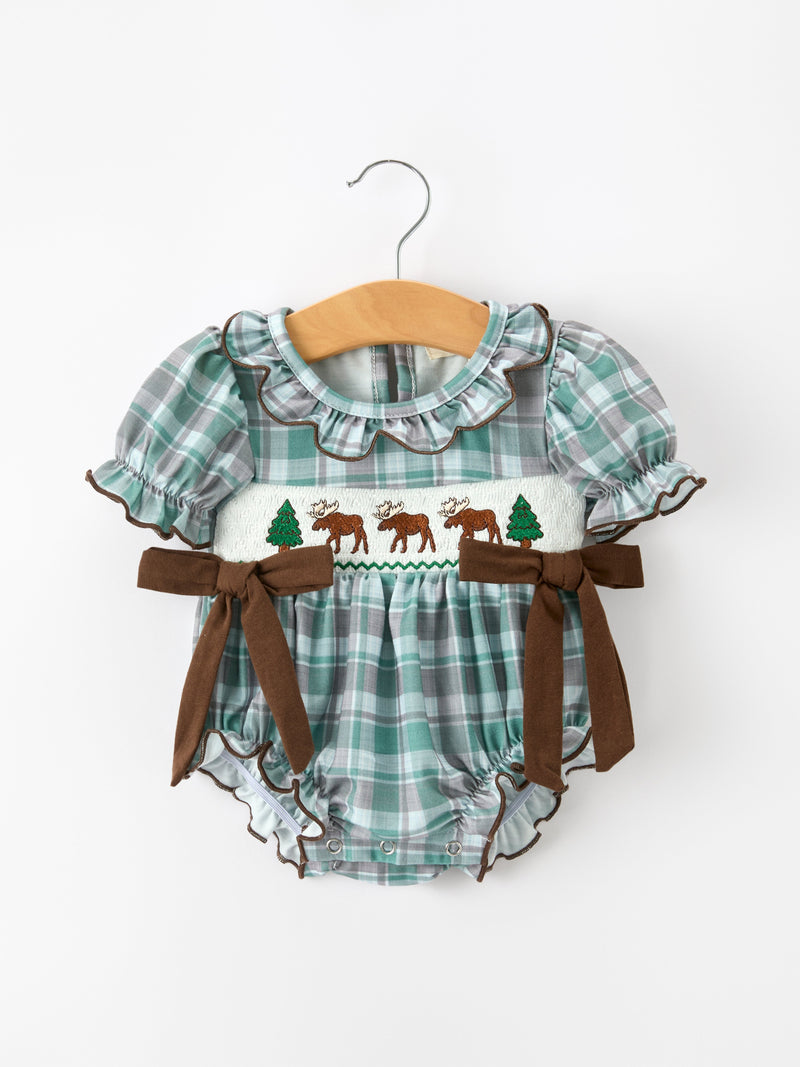 Plaid Moose Smocked Baby Girl Bubble Romper - 1