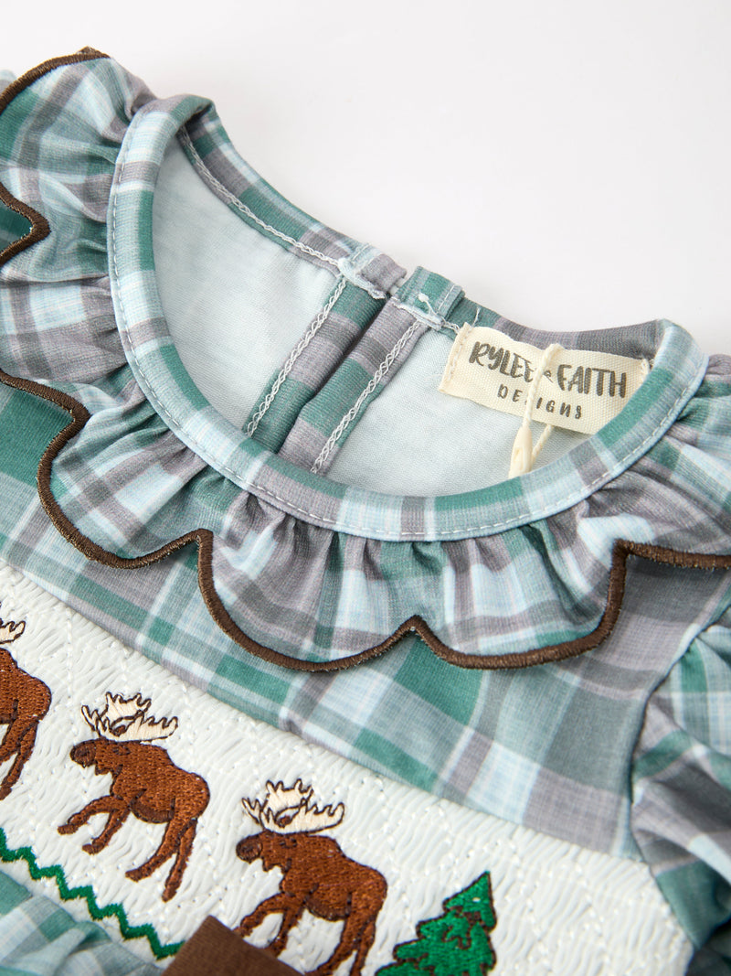 Plaid Moose Smocked Baby Girl Bubble Romper - 3
