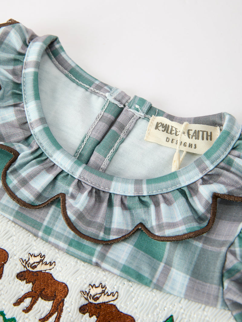 Plaid Moose Smocked Baby Girl Bubble Romper - 4