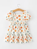 Fall Pumpkin Puff Sleeve Girls Dress - 2