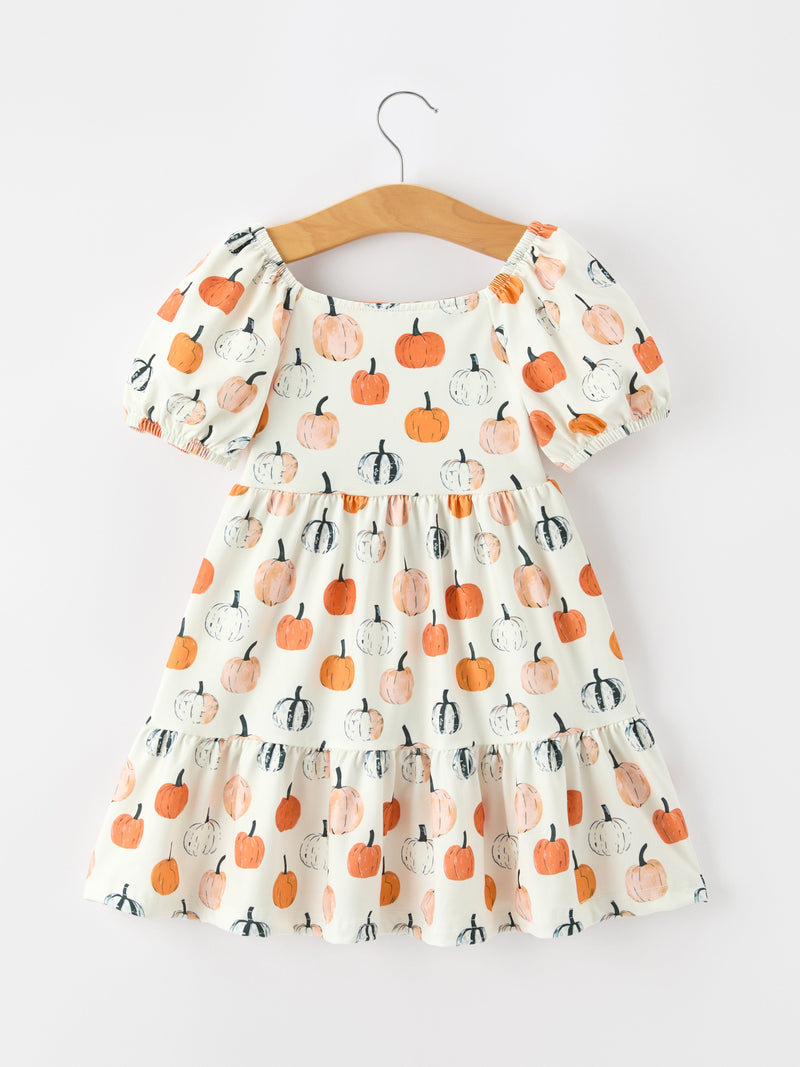Fall Pumpkin Puff Sleeve Girls Dress - 2