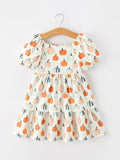 Fall Pumpkin Puff Sleeve Girls Dress - 1