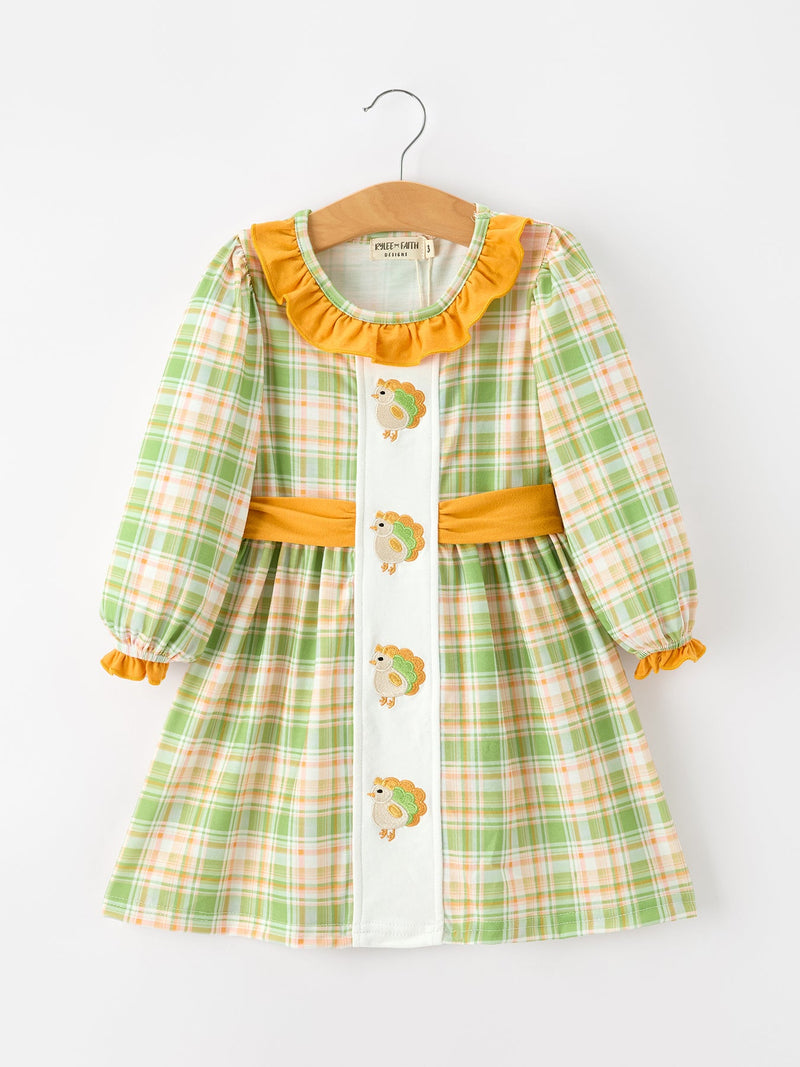 Thanksgiving Turkey Applique Plaid Girls Long Sleeve Dress - 1