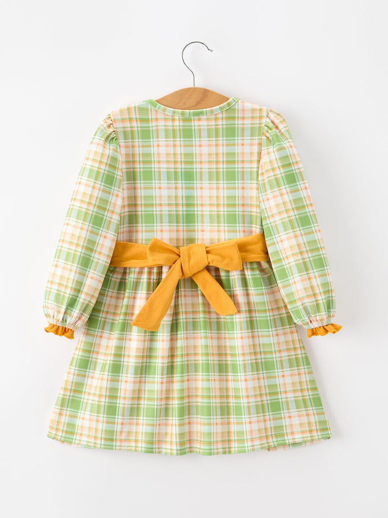 Thanksgiving Turkey Applique Plaid Girls Long Sleeve Dress - 2