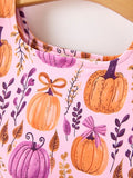 Thanksgiving Halloween Pumpkin Bow Ruffled Girls Dress - 3