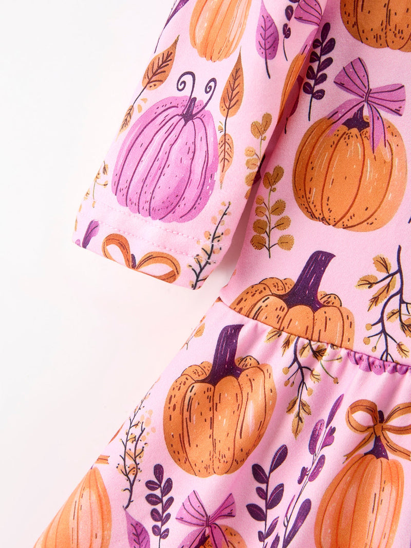 Thanksgiving Halloween Pumpkin Bow Ruffled Girls Dress - 4
