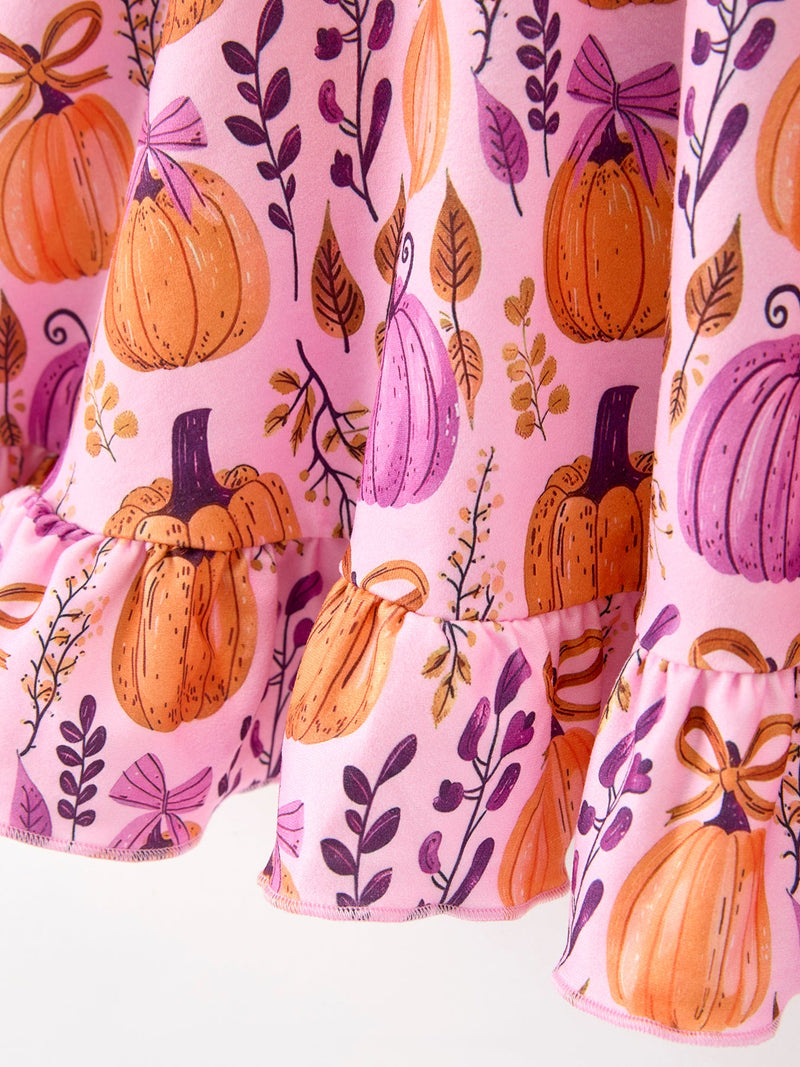 Thanksgiving Halloween Pumpkin Bow Ruffled Girls Dress - 5