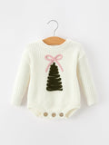 Winter Christmas Tree Girls Knit Romper Bow Long Sleeve - 1