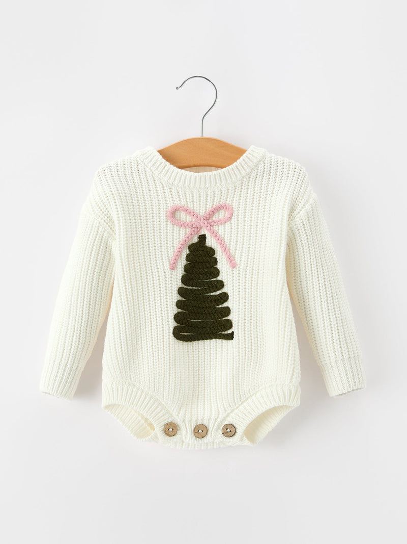 Winter Christmas Tree Girls Knit Romper Bow Long Sleeve - 1