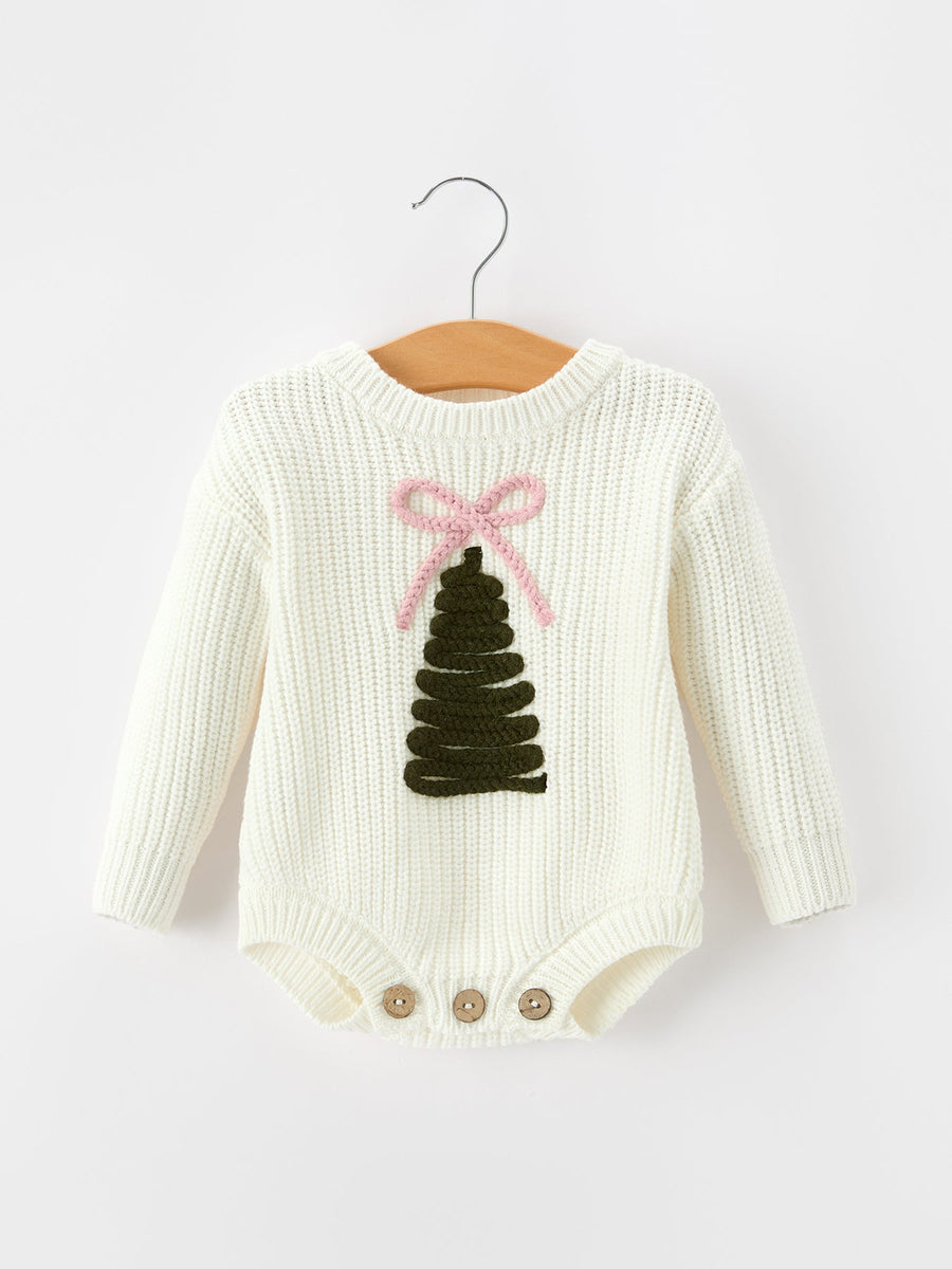 Winter Christmas Tree Girls Knit Romper Bow Long Sleeve