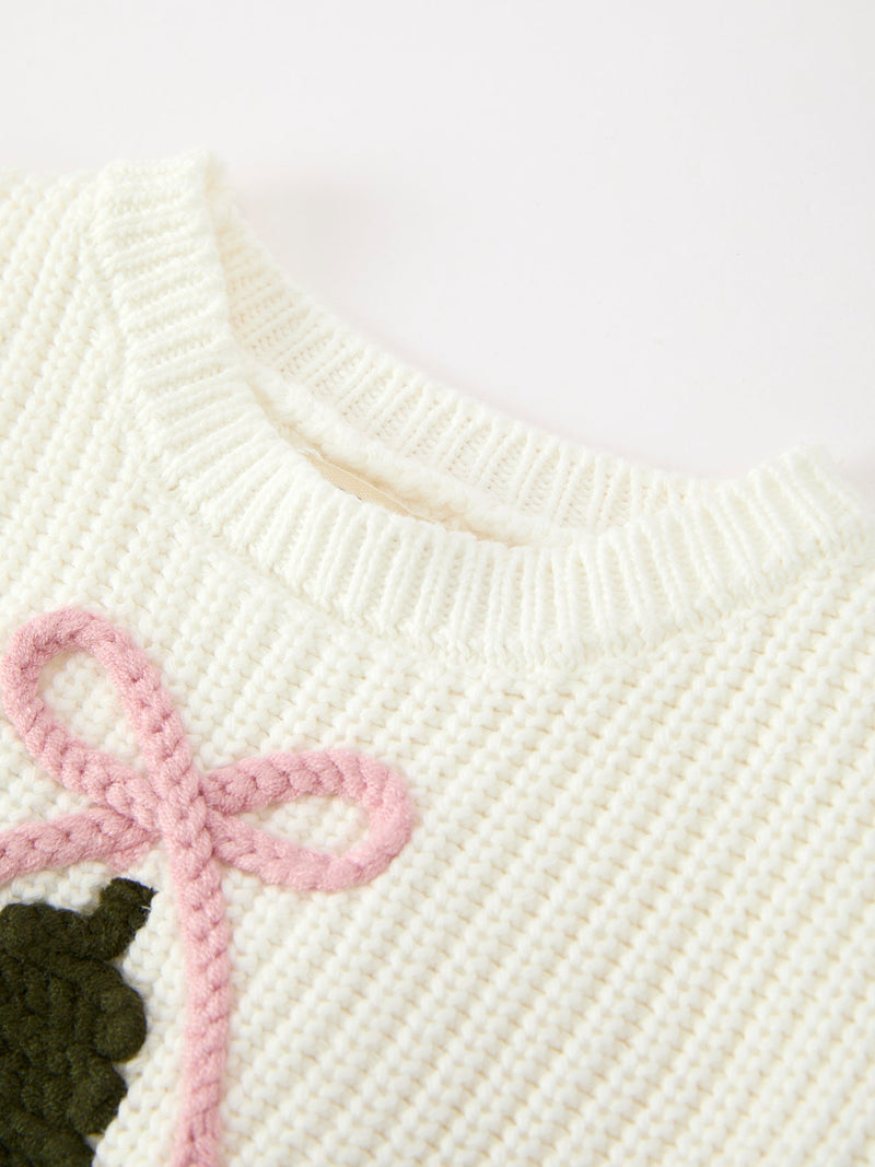 Winter Christmas Tree Girls Knit Romper Bow Long Sleeve - 3