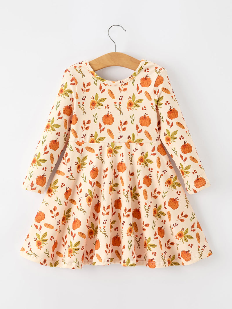 Fall Pumpkin Floral Girls Twirl Dress Long Sleeve - 2