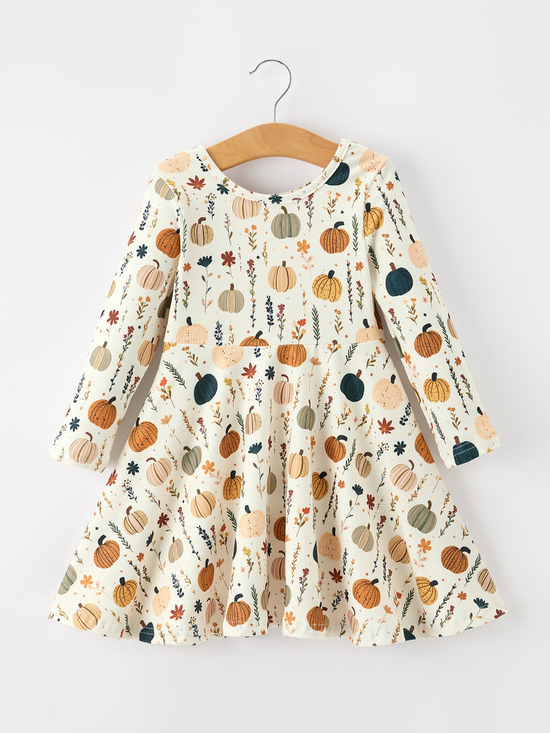 Fall Orange Pumpkin & Leaf Twirl Girls Dress - 1