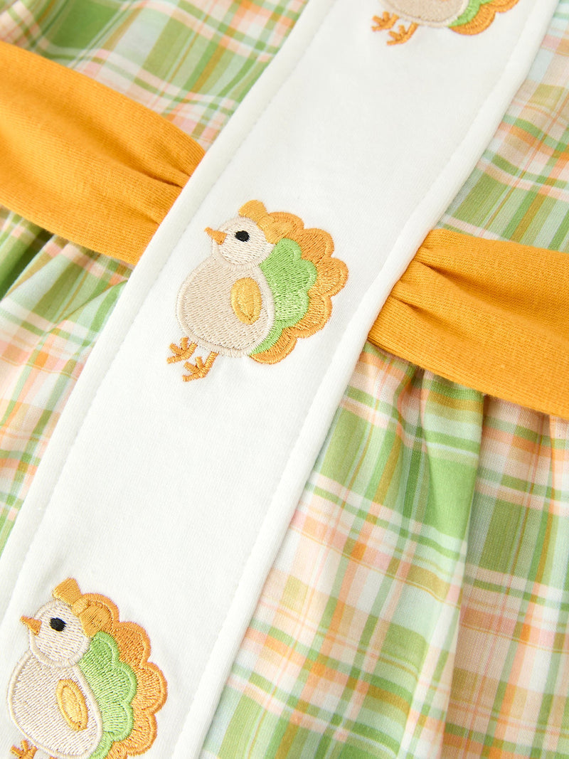 Thanksgiving Turkey Applique Plaid Girls Long Sleeve Dress - 4