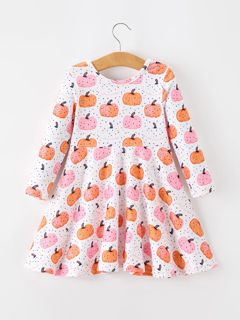 Fall Pumpkin Print Girls Twirl Dress Long Sleeve - 2