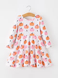 Fall Pumpkin Print Girls Twirl Dress Long Sleeve - 1