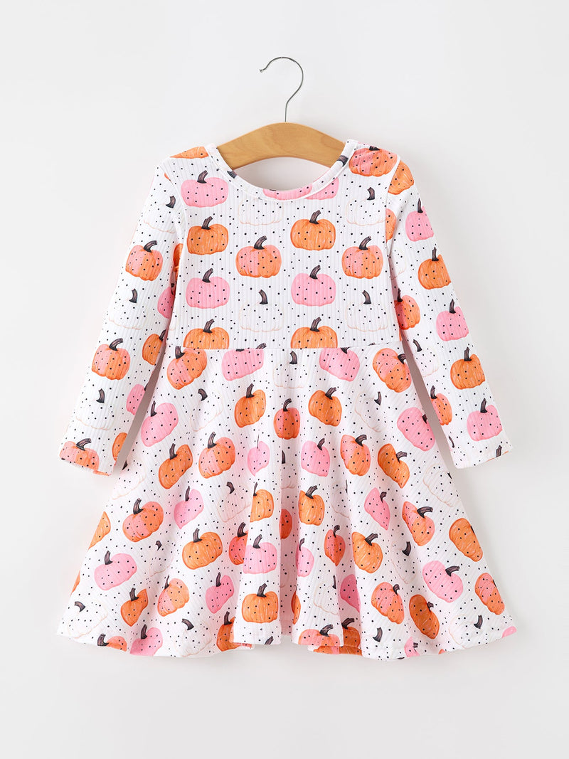 Fall Pumpkin Print Girls Twirl Dress Long Sleeve - 1