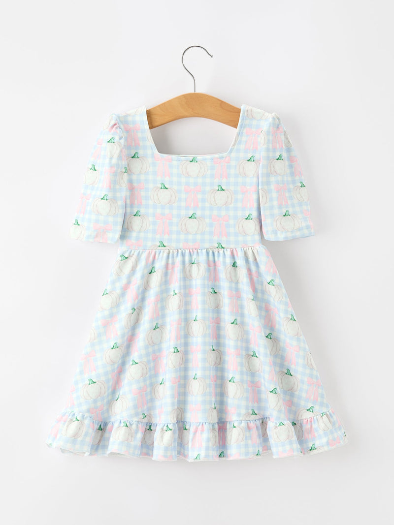 Fall Pastel Pumpkin Bow Plaid Girls Ruffle Hem Dress - 2