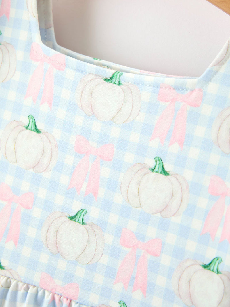 Fall Pastel Pumpkin Bow Plaid Girls Ruffle Hem Dress - 3