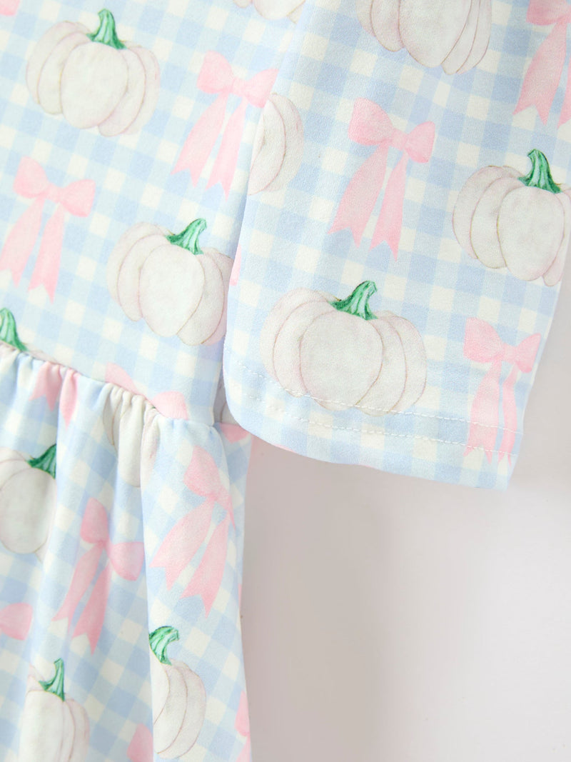 Fall Pastel Pumpkin Bow Plaid Girls Ruffle Hem Dress - 4