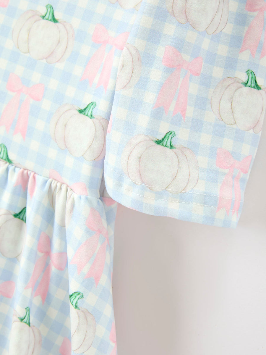 Fall Pastel Pumpkin Bow Plaid Girls Ruffle Hem Dress