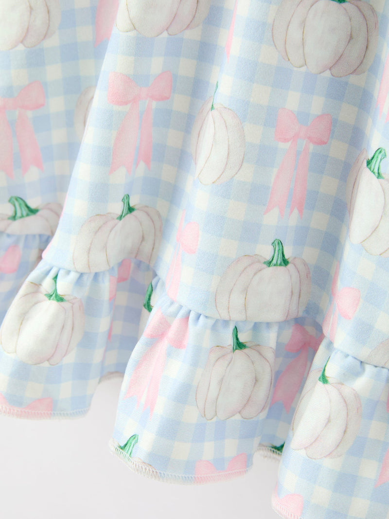 Fall Pastel Pumpkin Bow Plaid Girls Ruffle Hem Dress - 5