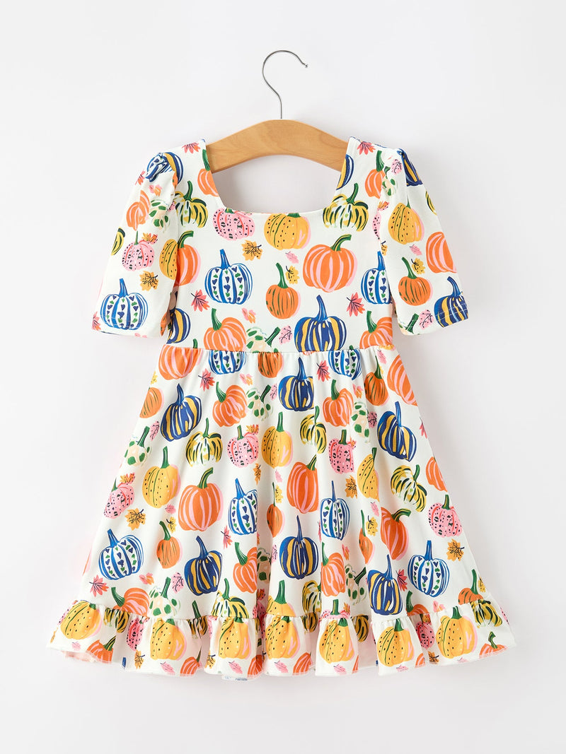 Halloween Pumpkin Print Girls Ruffle Hem Dress - 2