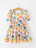 Halloween Pumpkin Print Girls Ruffle Hem Dress - 1