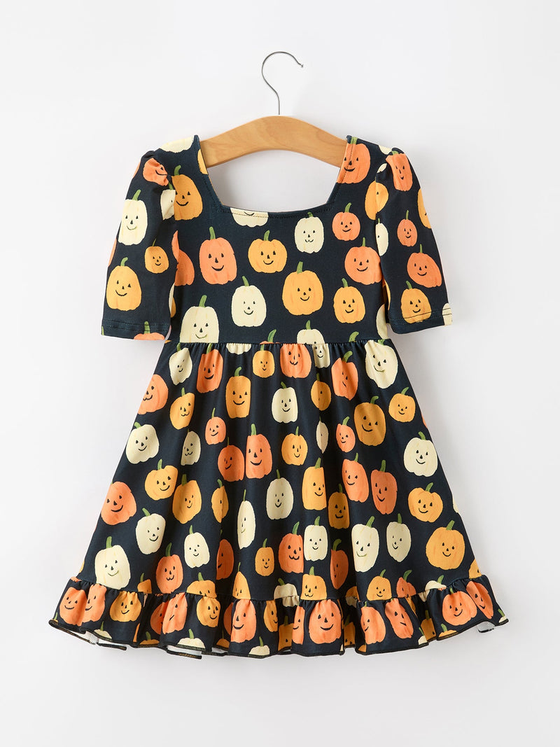 Halloween Pumpkin Print Square Neck Girls Dress - 2