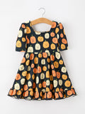 Halloween Pumpkin Print Square Neck Girls Dress - 1