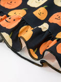 Halloween Pumpkin Print Square Neck Girls Dress - 5