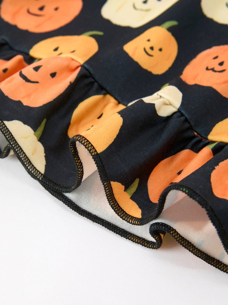 Halloween Pumpkin Print Square Neck Girls Dress - 5