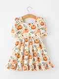 Fall Pumpkin Floral Girls Ruffle Hem Dress - 2